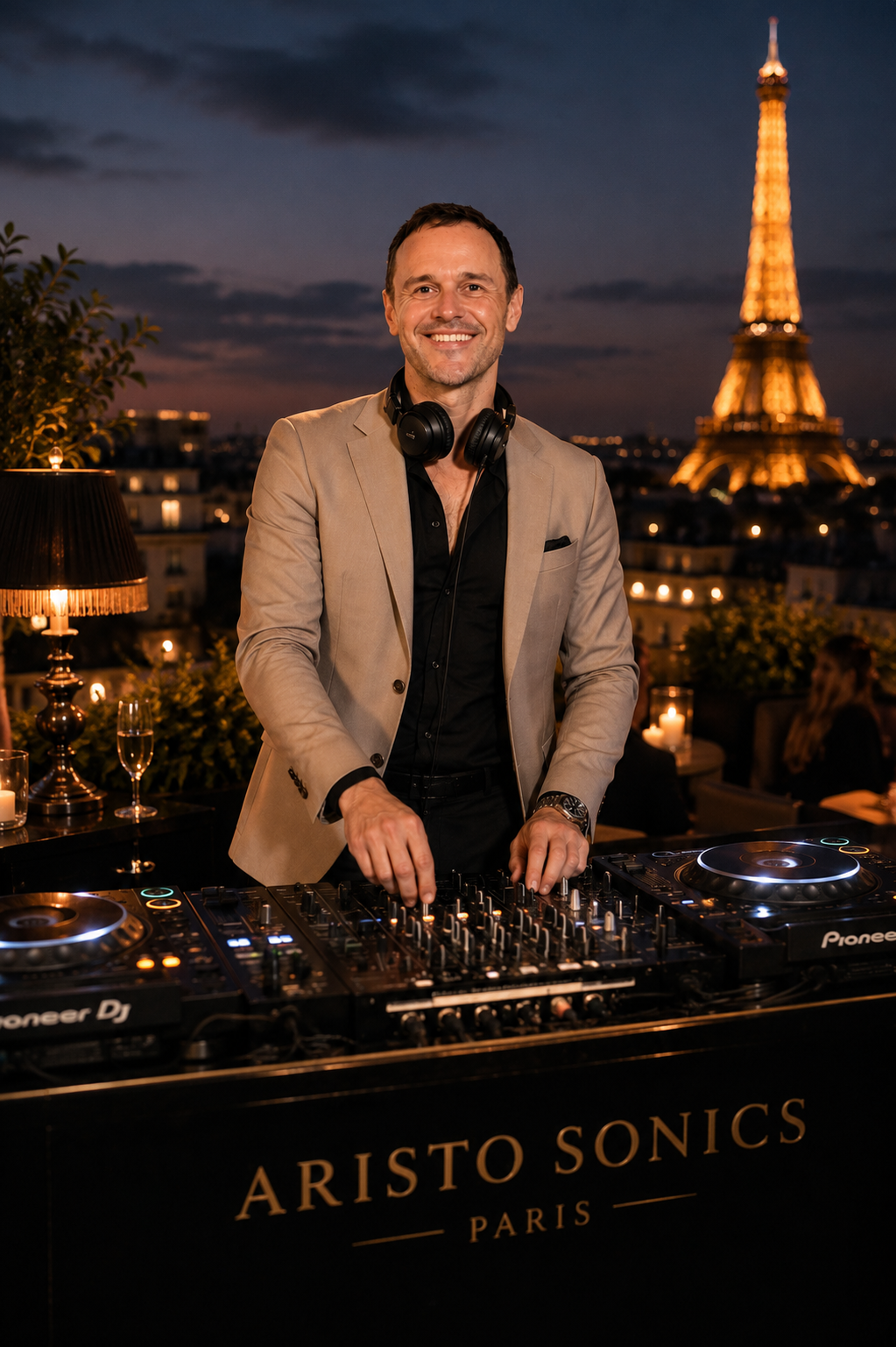 Raphaël Pathé in beige blazer at DJ booth with Eiffel Tower background at dusk